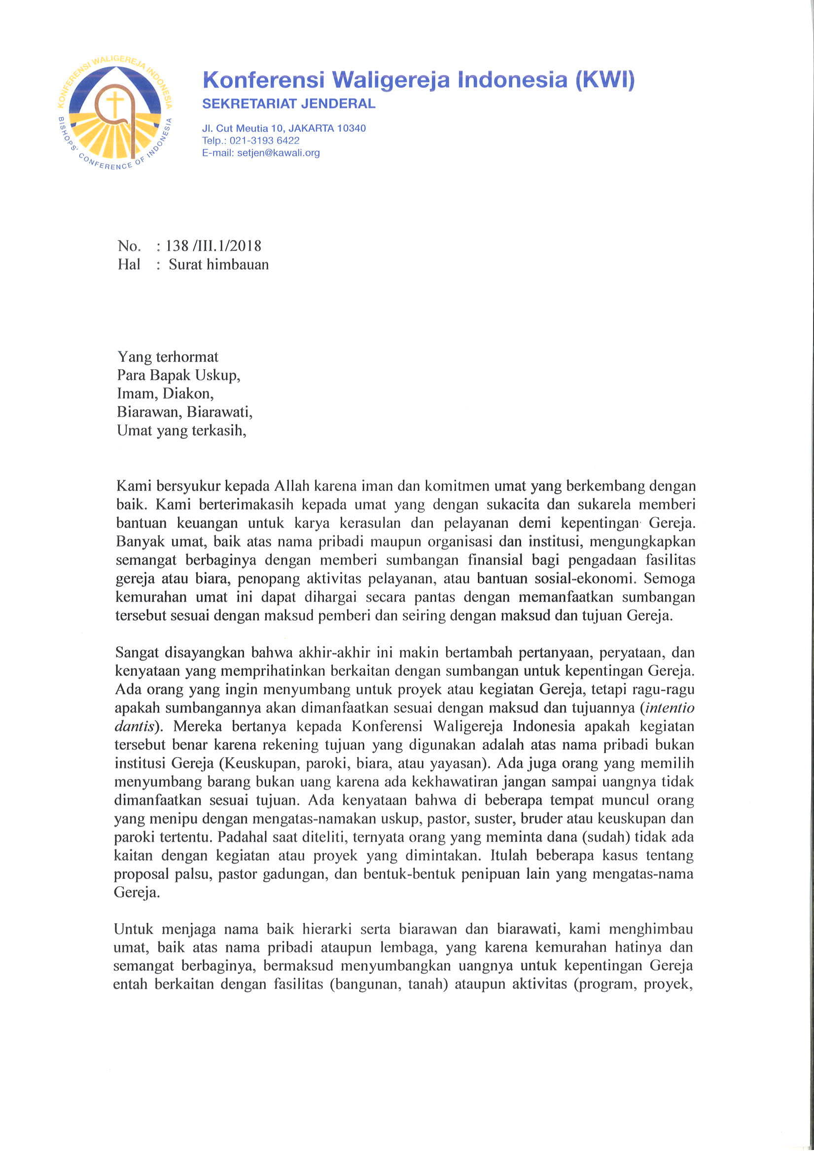 Surat Imbauan dari KWI  Departemen Dokumentasi dan 